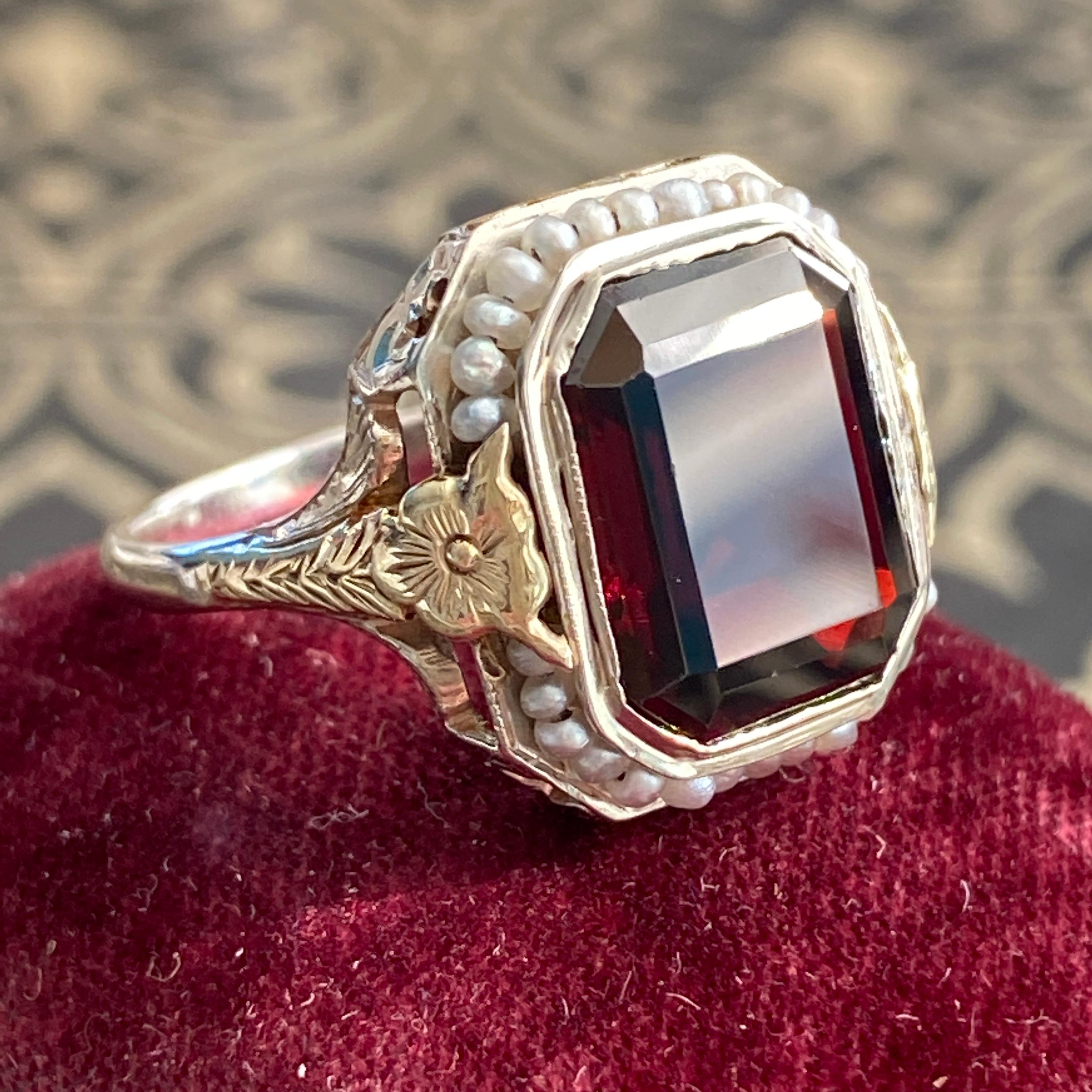 Edwardian Granat & Saatgut Perle Stiefmütterchen 14K Filigran Ring im Zustand „Gut“ im Angebot in Scotts Valley, CA