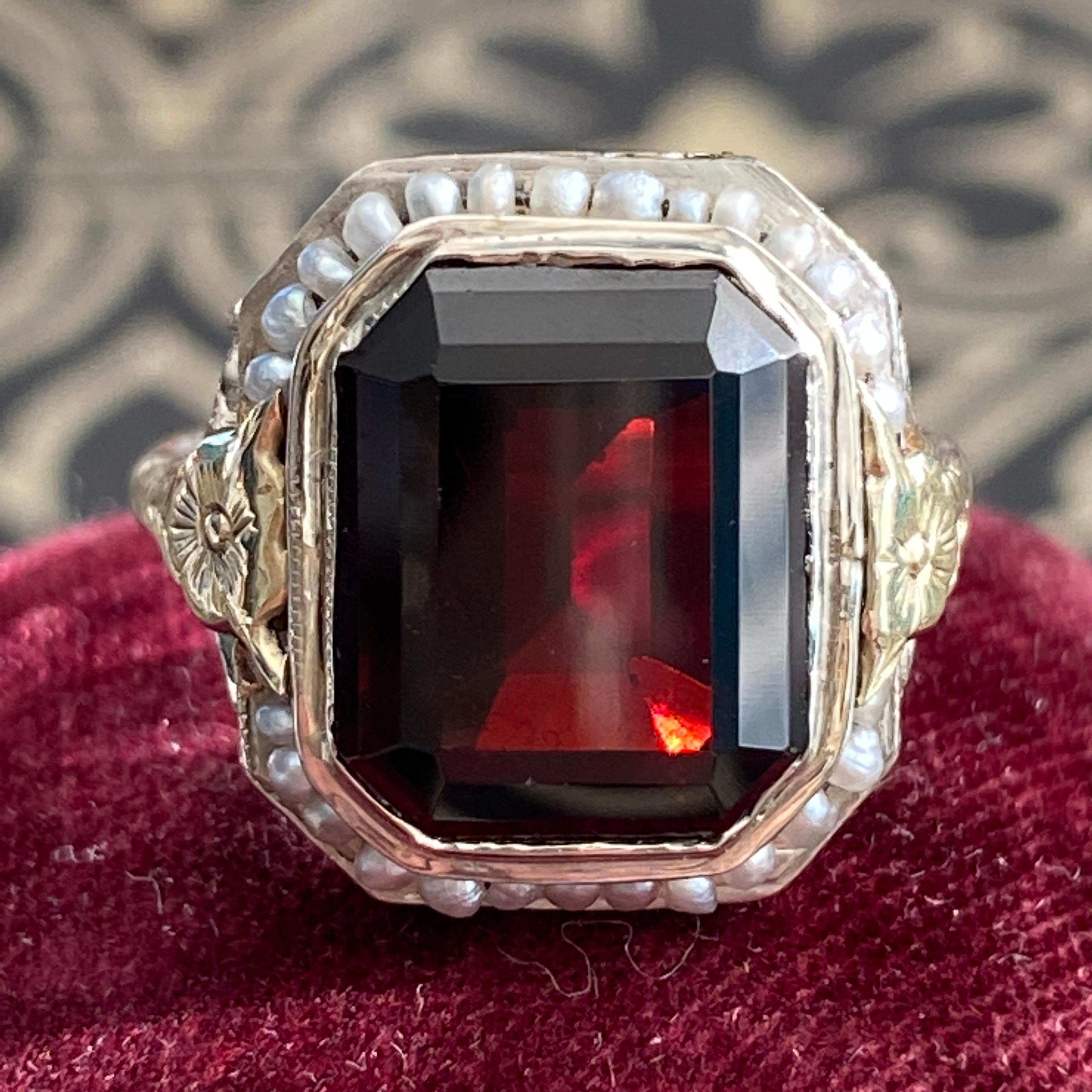 Square Cut Edwardian Garnet & Seed Pearl Pansy 14K Filigree Ring For Sale