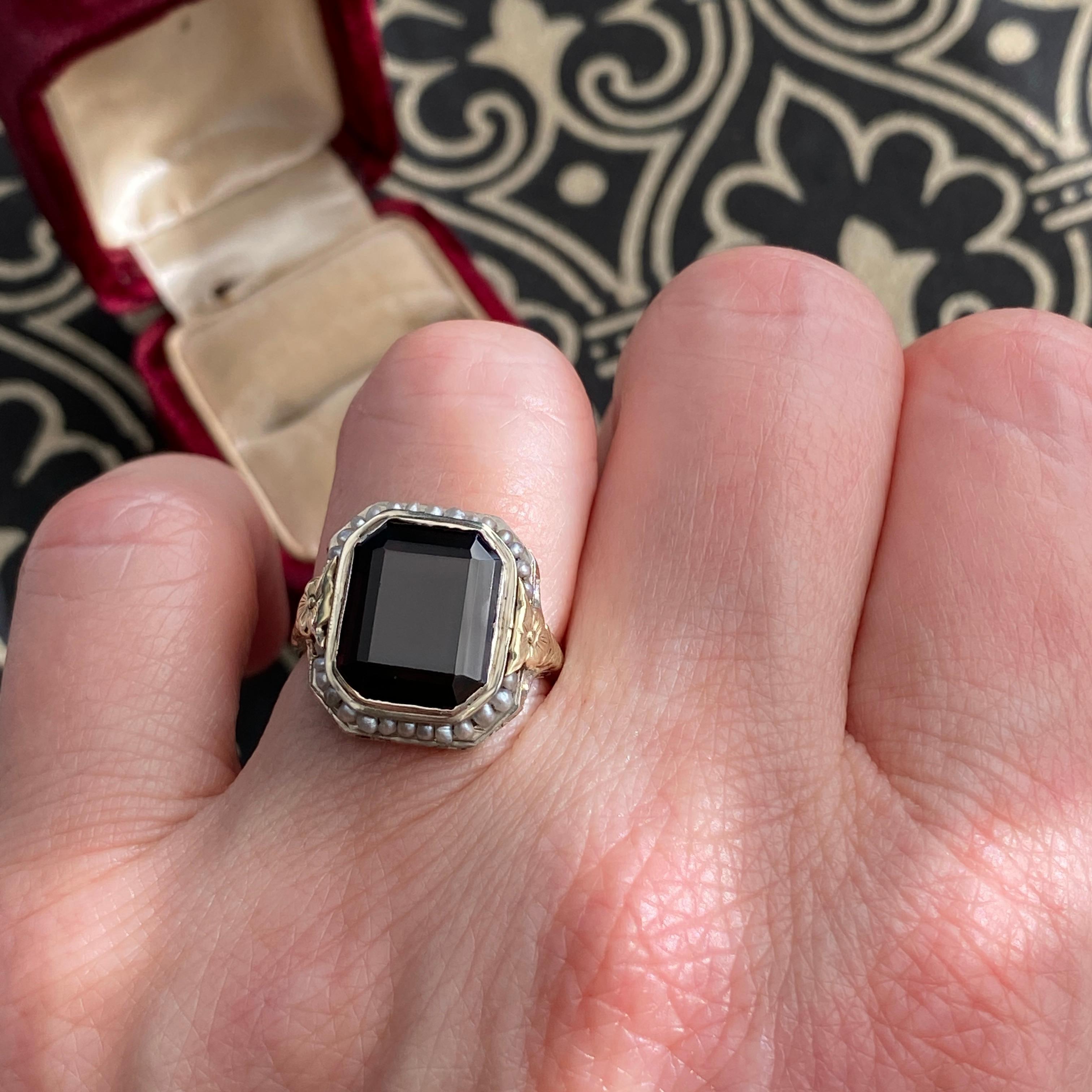 Women's Edwardian Garnet & Seed Pearl Pansy 14K Filigree Ring For Sale