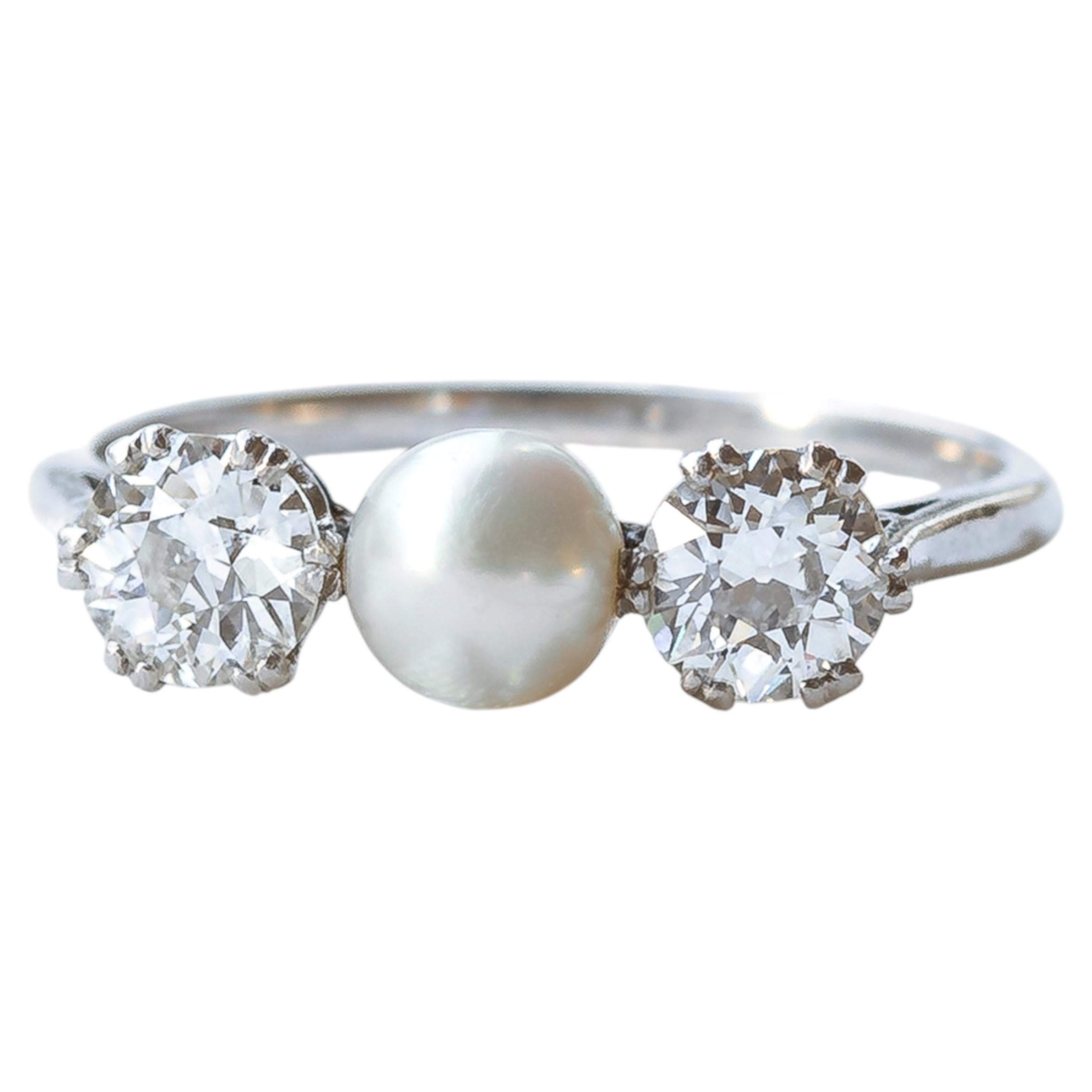 Anello trilogy in platino con perle naturali e diamanti, certificato GCS, in stile edoardiano