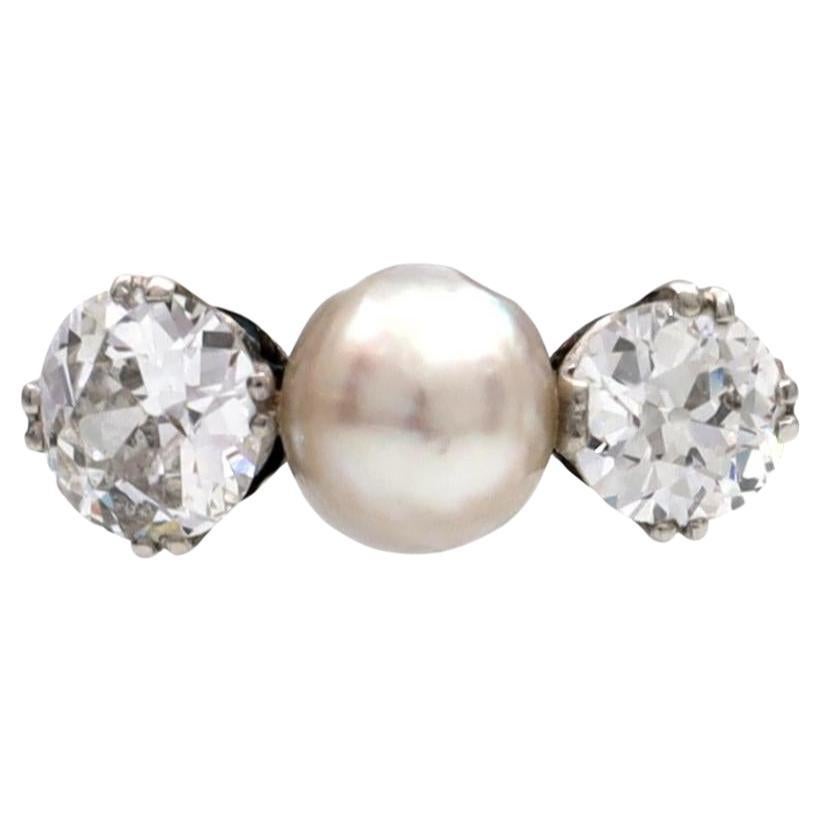Edwardian GCS Certified Natural Saltwater Pearl and Diamond Three Stone Ring