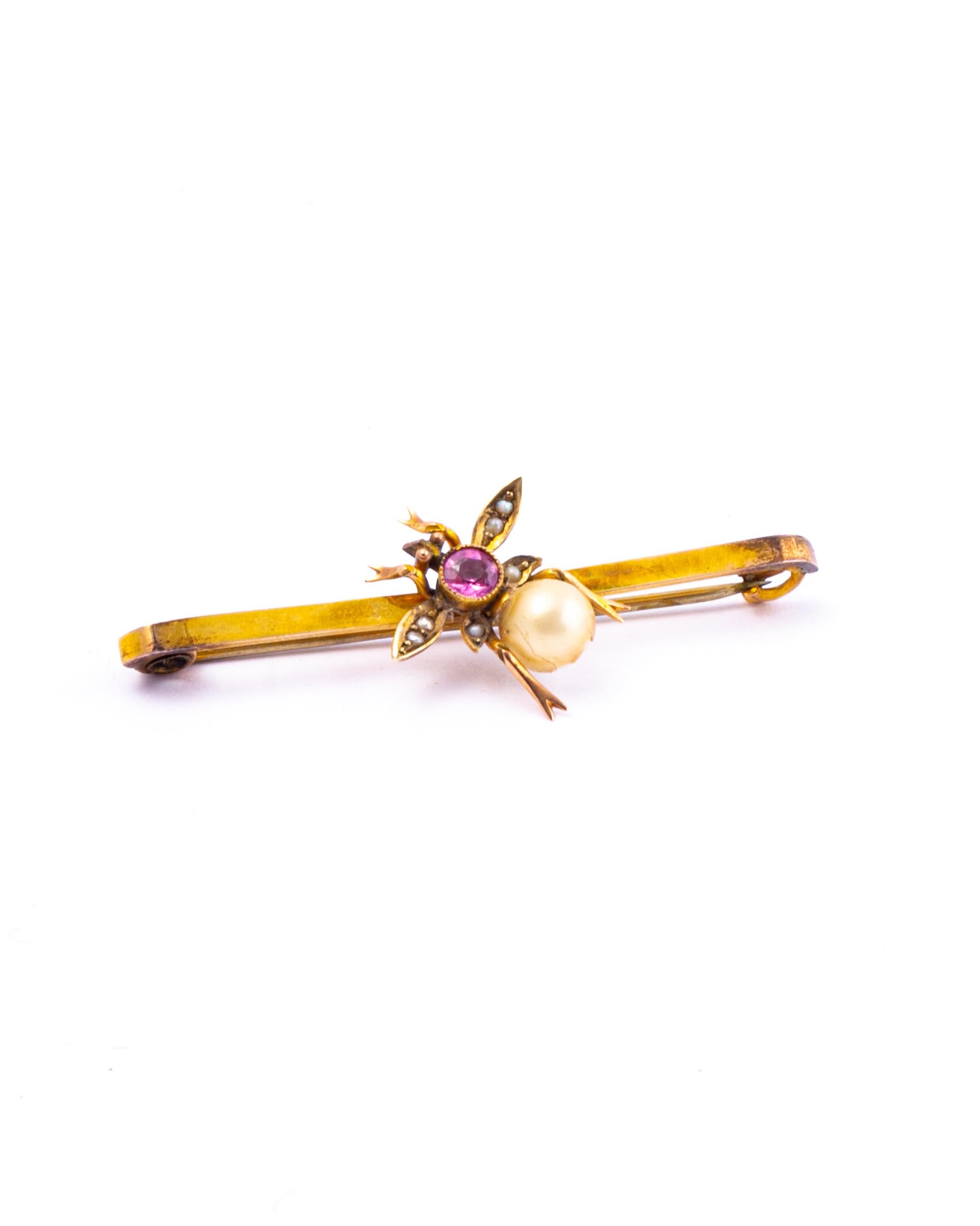 This sweet bug perched on this fine brooch and is encrusted with seed pearls. The gorgeous bug has a pink gem stone set within it. 

Dimensions Of Bug: 15x17mm
Length Of Brooch: 45mm

Weight: 2.3g

