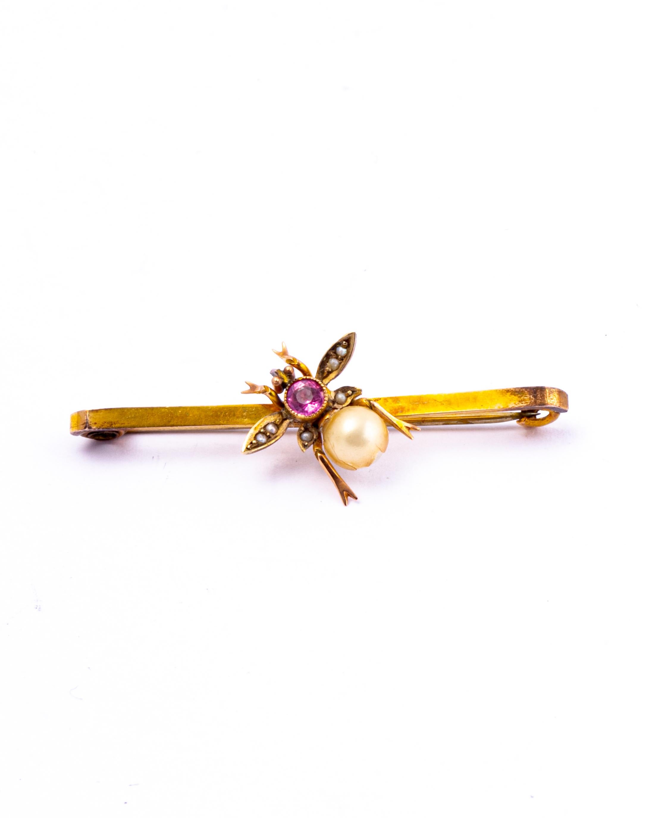 Edwardian Gem and Pearl 9 Carat Gold Bug Brooch In Good Condition For Sale In Chipping Campden, GB
