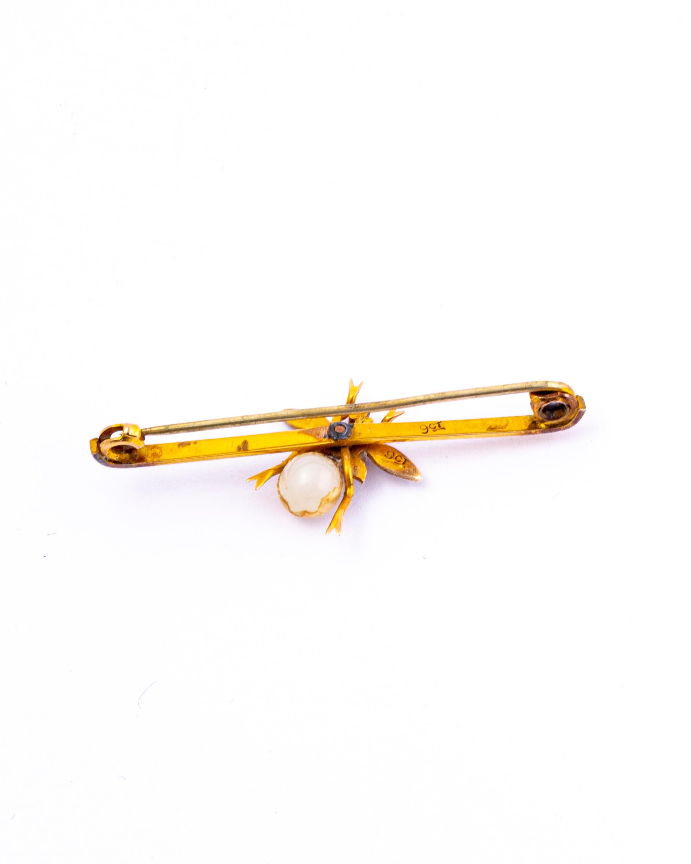 Women's or Men's Edwardian Gem and Pearl 9 Carat Gold Bug Brooch For Sale