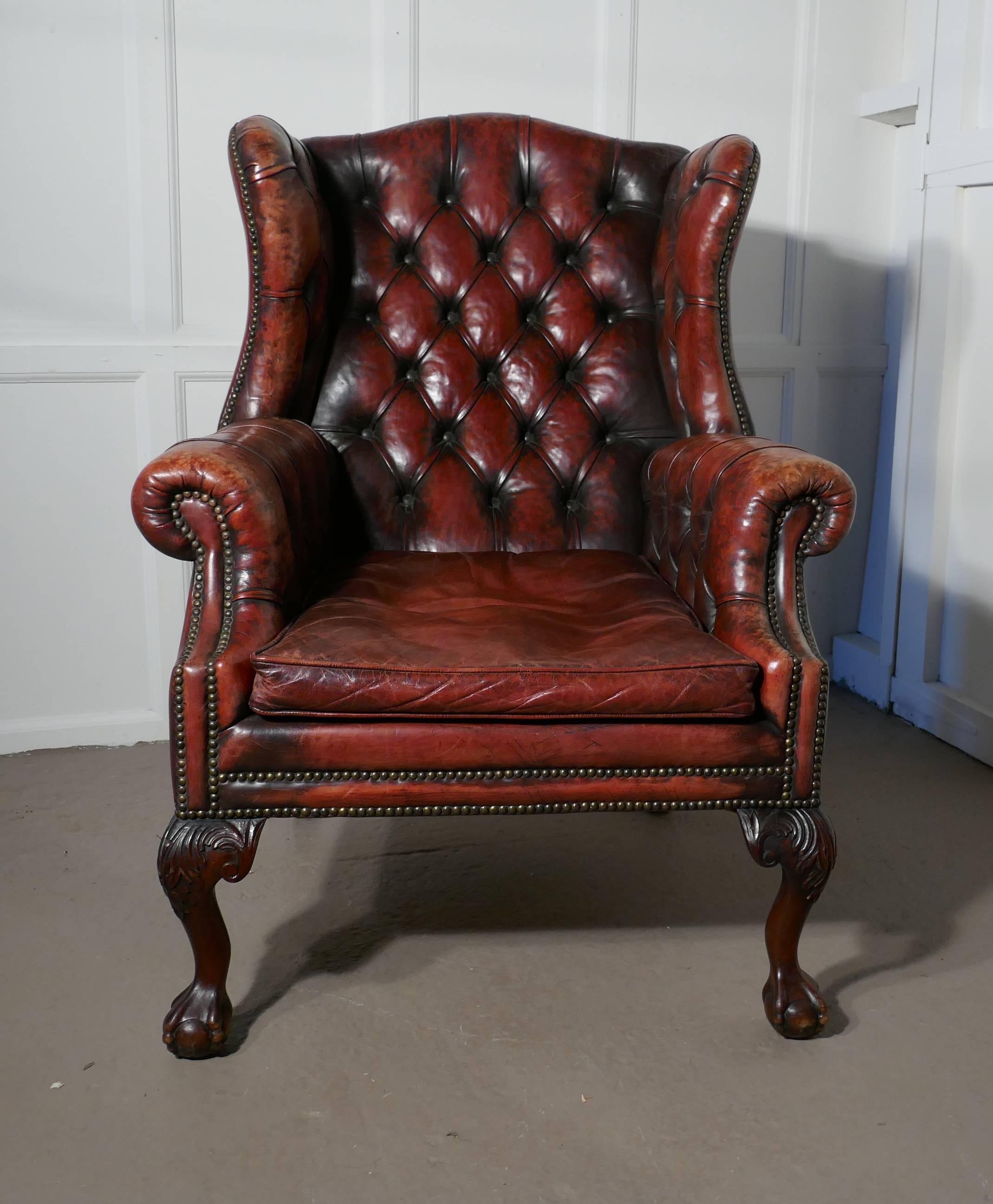 Gentleman’s wing back leather library chair 

This is a very roomy chair, the ultimate in vintage Country house chic, the leather upholstery is original with the great character and softness that can only be achieved with use and time
The chair