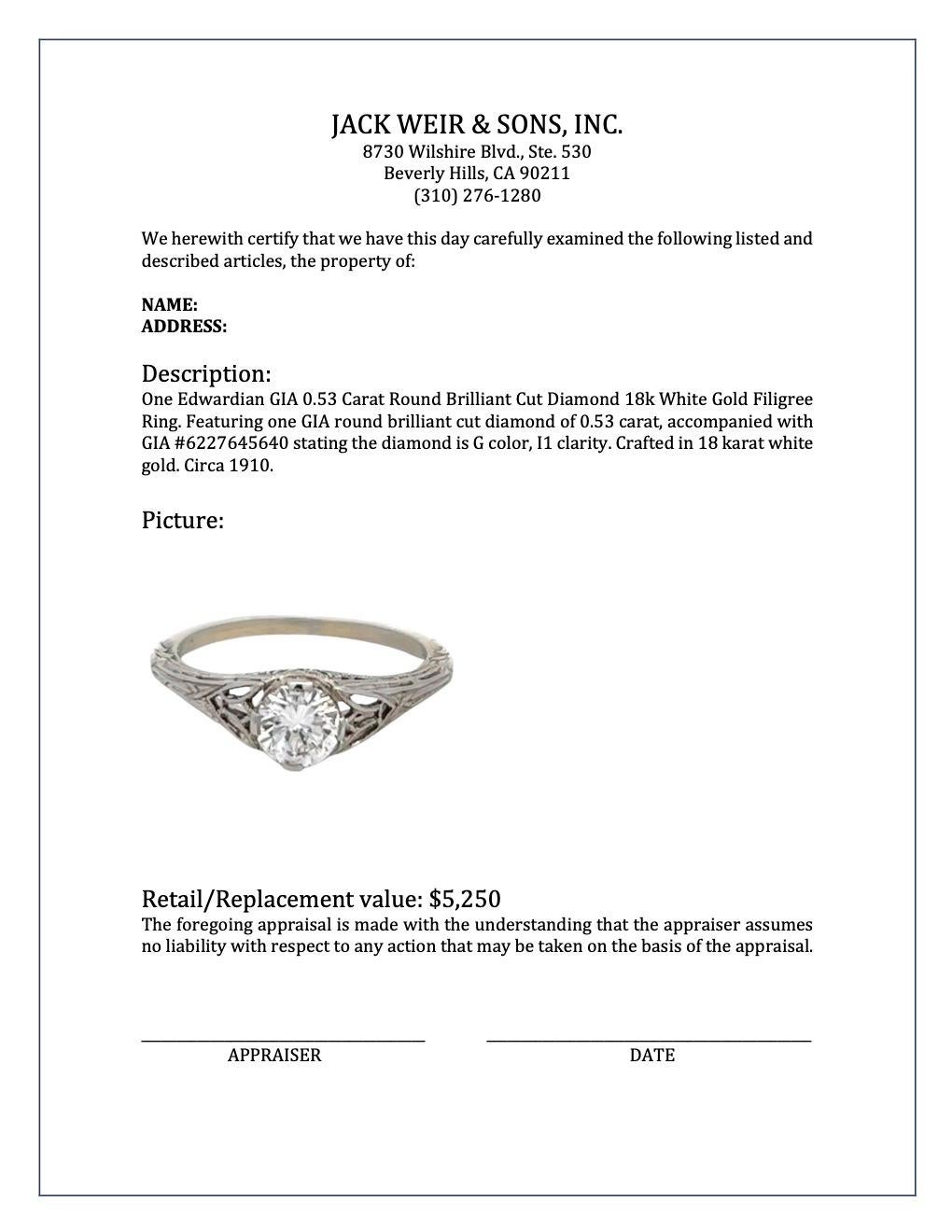 Filigraner Ring aus 18 Karat Weißgold mit GIA 0,53 Karat rundem Diamanten im Brillantschliff 3