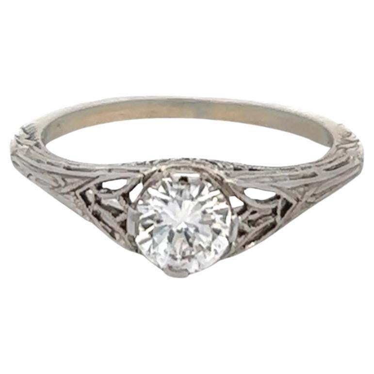 Edwardian GIA 0.53 Carat Round Brilliant Cut Diamond 18k White Gold Filigree Rin