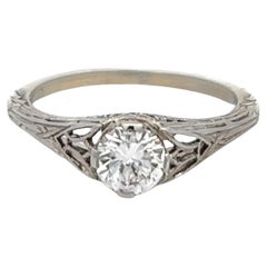 Bague Rin édouardienne en or blanc 18 carats filigrane avec diamants taille brillant rond de 0,53 carat certifiés GIA