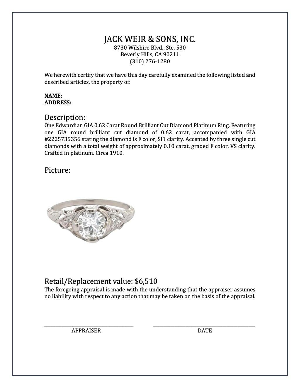 Bague édouardienne en platine avec diamants taille brillant rond de 0,62 carat certifiés GIA 2