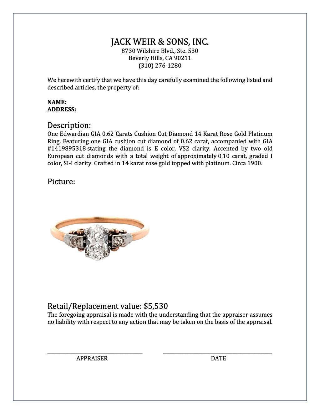 Edwardian GIA 0.62 Carats Cushion Cut Diamond 14 Karat Rose Gold Platinum Ring 1