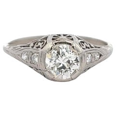 Edwardian GIA 0.76 Carats Round Brilliant Diamond Platinum Filigree Ring