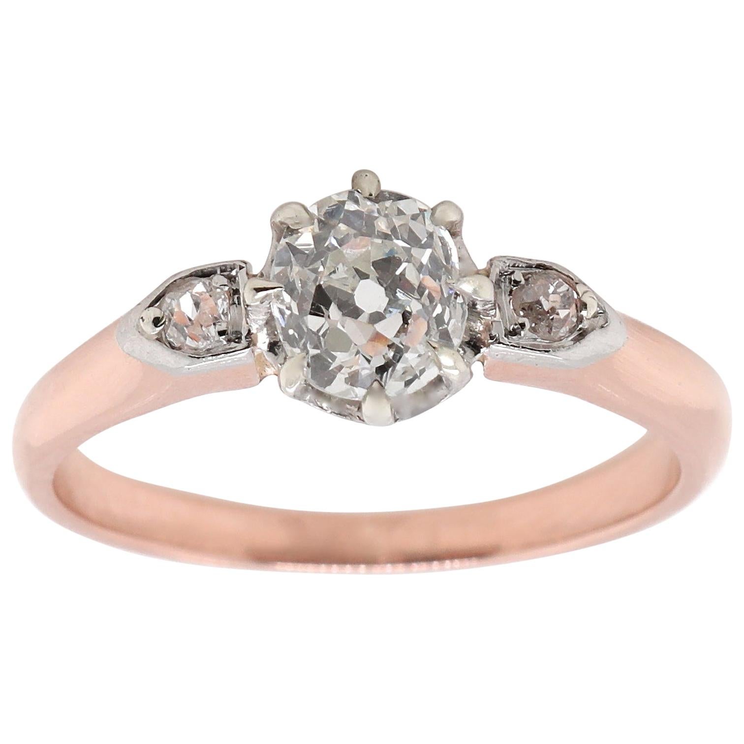 Edwardian GIA 0.84 Old Mine Cut Diamond 18 Karat Rose Gold Ring