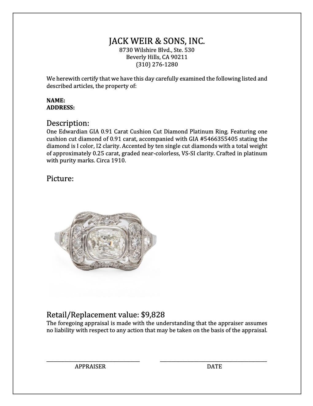 Edwardian GIA 0.91 Carat Cushion Cut Diamond Platinum Ring For Sale 3