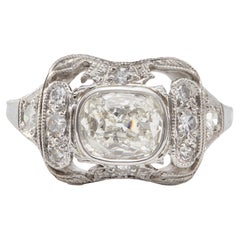 Bague édouardienne en platine avec diamant taille coussin de 0,91 carat GIA