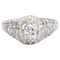 Edwardian GIA 0.91 Carat Old Mine Cut Diamond Platinum Filigree Ring