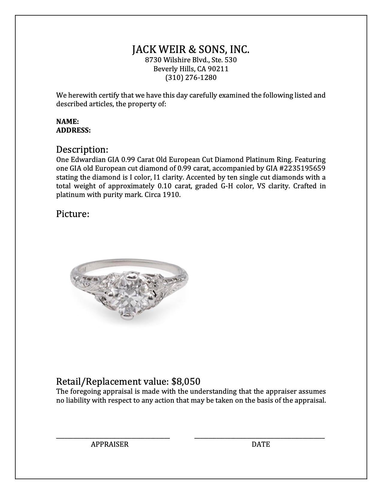 Edwardian GIA 0.99 Carat Old European Cut Diamond Platinum Ring For Sale 2
