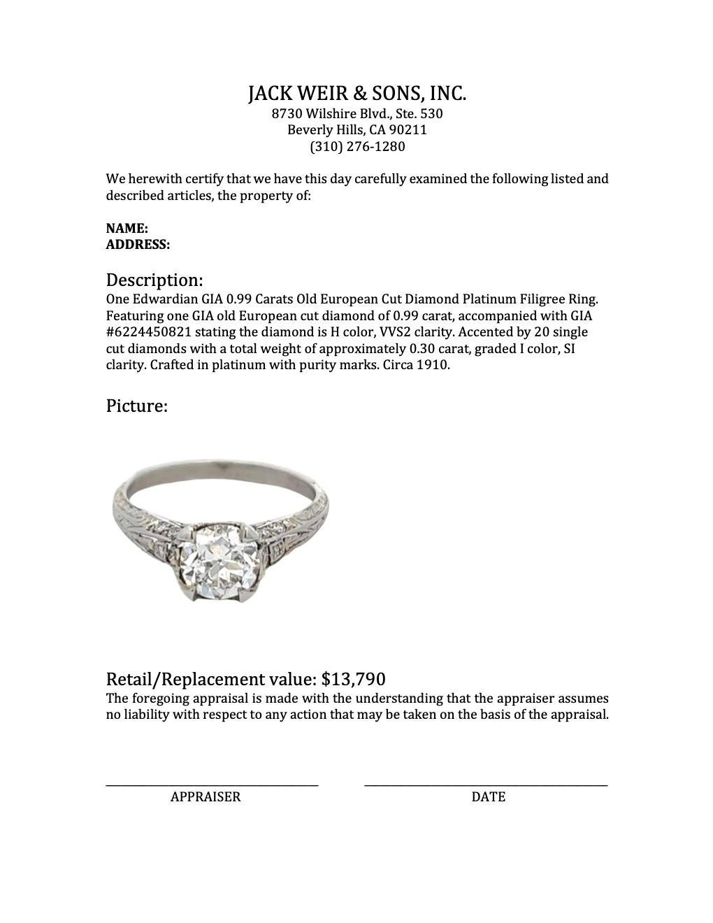 Edwardian GIA 0.99 Carats Old European Cut Diamond Platinum Filigree Ring 4