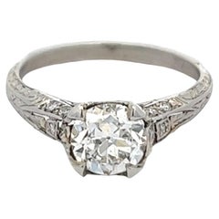 Edwardian GIA 0.99 Carats Old European Cut Diamond Platinum Filigree Ring