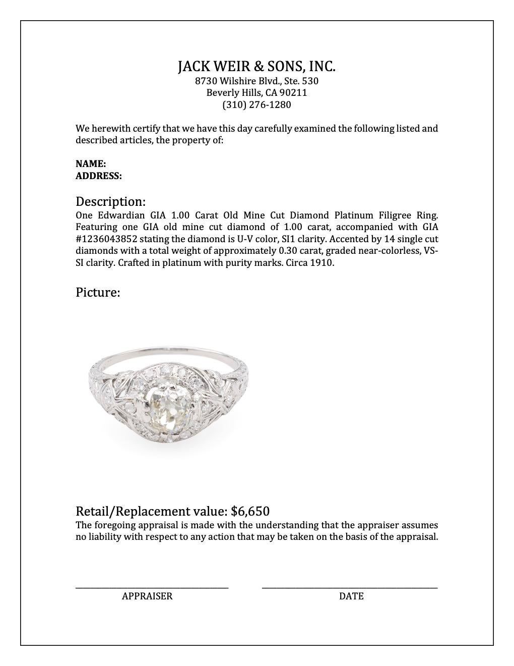 Filigraner edwardianischer Platinring mit 1.00 Karat Diamant im alteuropäischen Minenschliff 2