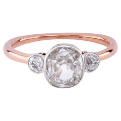 Edwardian GIA 1.01 Carat Old Mine Diamond 18K Rose White Gold Three Stone Ring