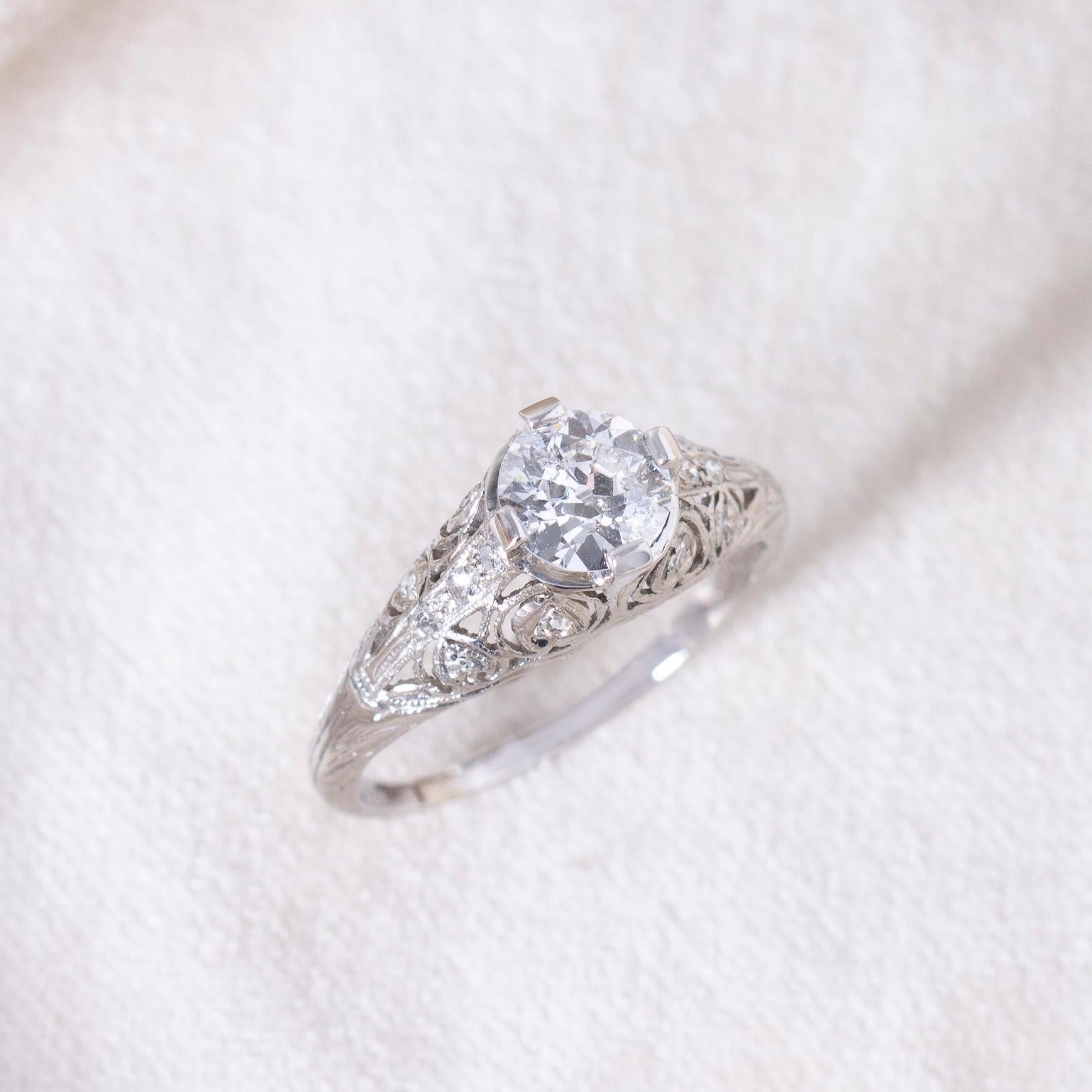 Old European Cut Edwardian GIA 1.12 Ct. Diamond Filigree Engagement Ring F I1 in Platinum For Sale
