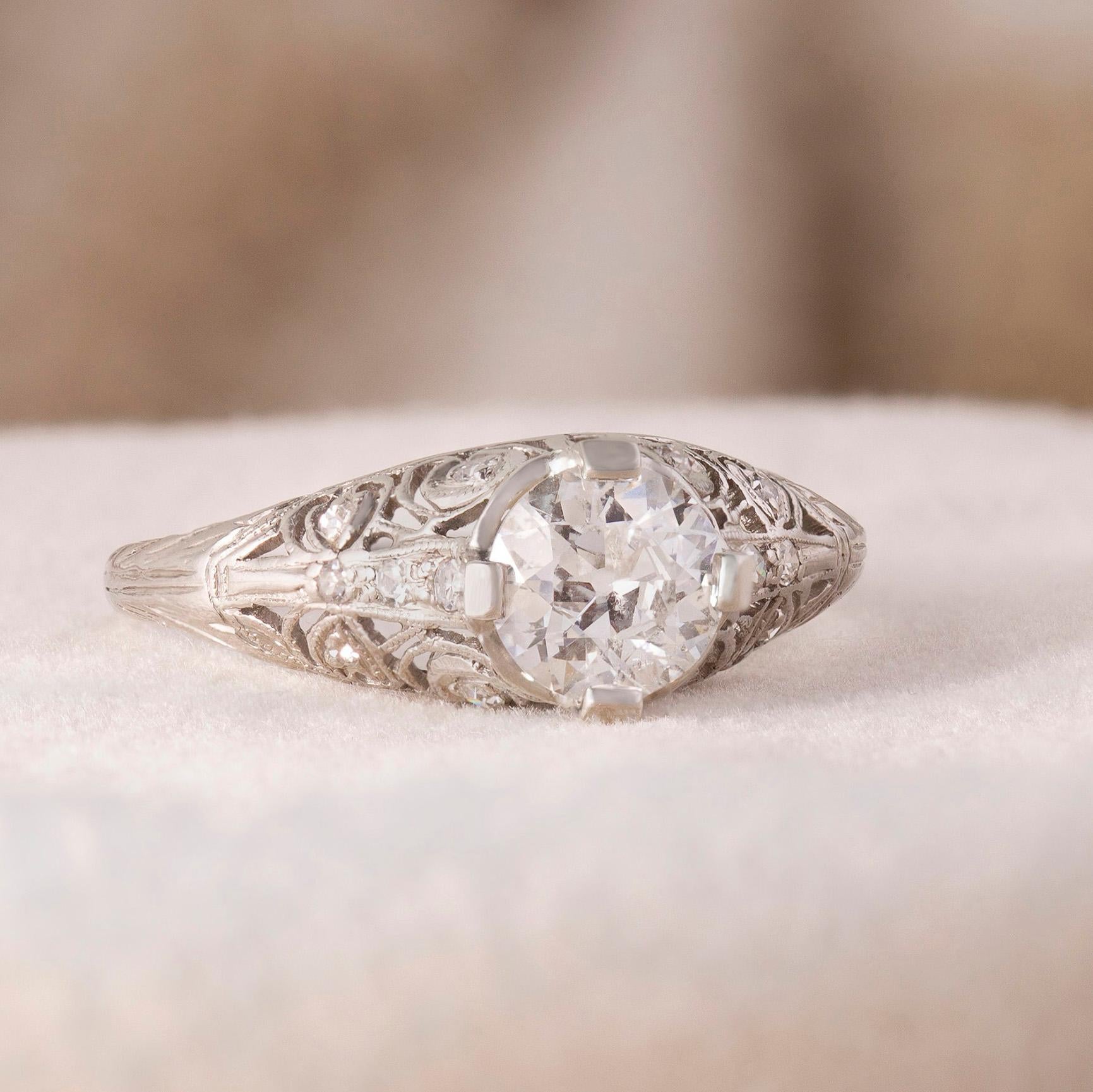 Edwardian GIA 1.12 Ct. Diamond Filigree Engagement Ring F I1 in Platinum In Good Condition For Sale In New York, NY