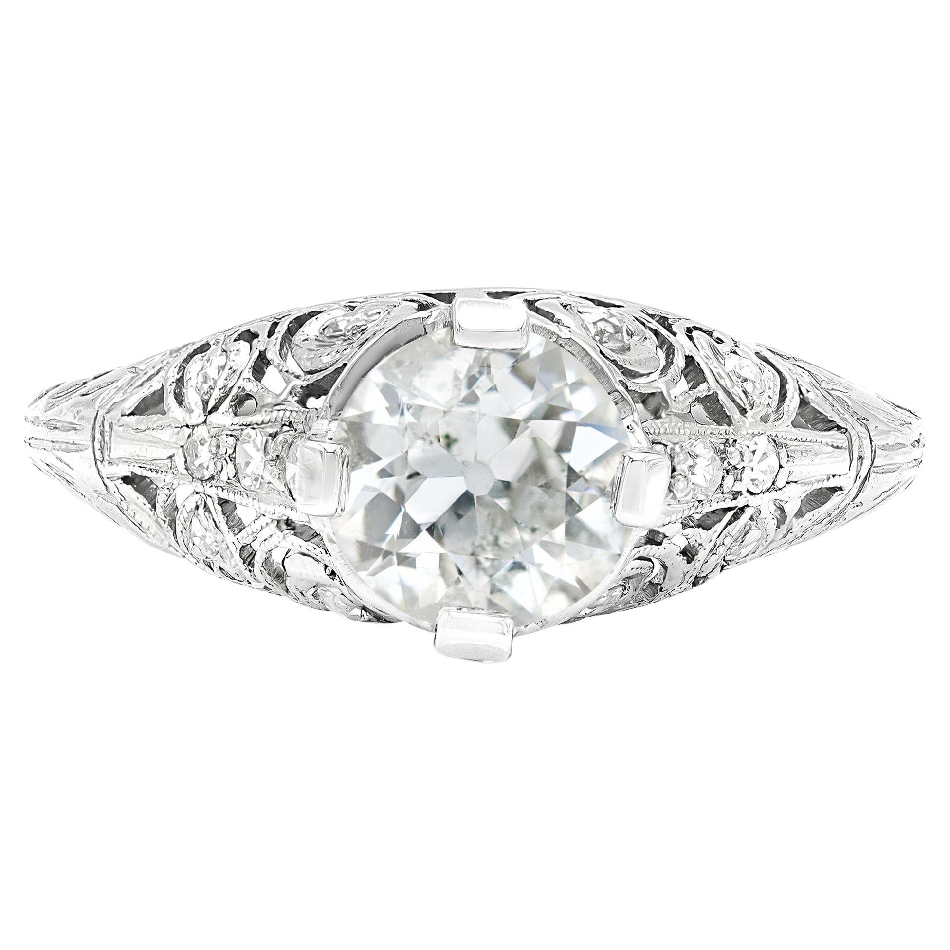 Edwardian GIA 1.12 Ct. Diamond Filigree Engagement Ring F I1 in Platinum For Sale