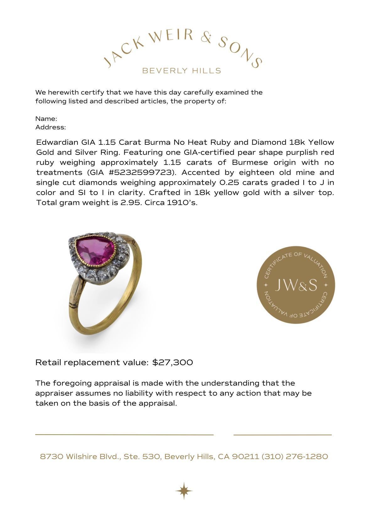 Bague d'époque GIA 1,15 carat rubis Birmanie sans chaleur diamant or jaune 18k en vente 2