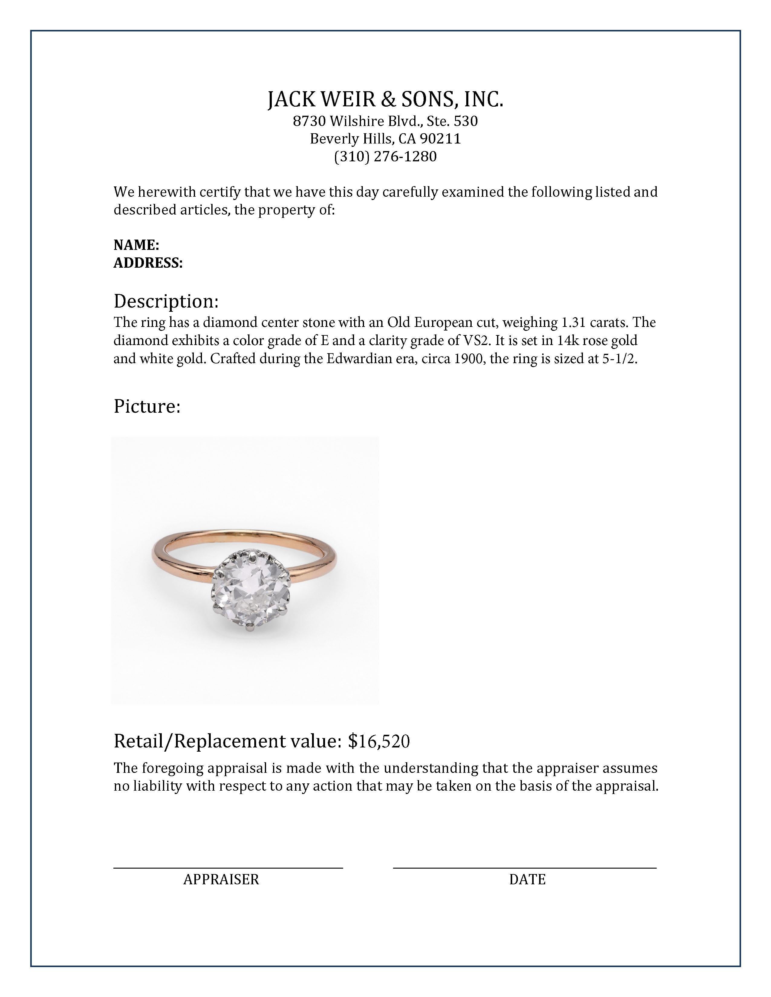 Certificate: GIA
Center Stone: Diamond
Cut: Old European
Weight: 1.31 Carat
Color: E
Clarity: VS2
Metal: 14k rose gold and white gold
Era: Edwardian
Circa: 1900
Size: 5-1/2 and can be resized 
Gram weight: 2.4 
 
Elevate your elegance with this