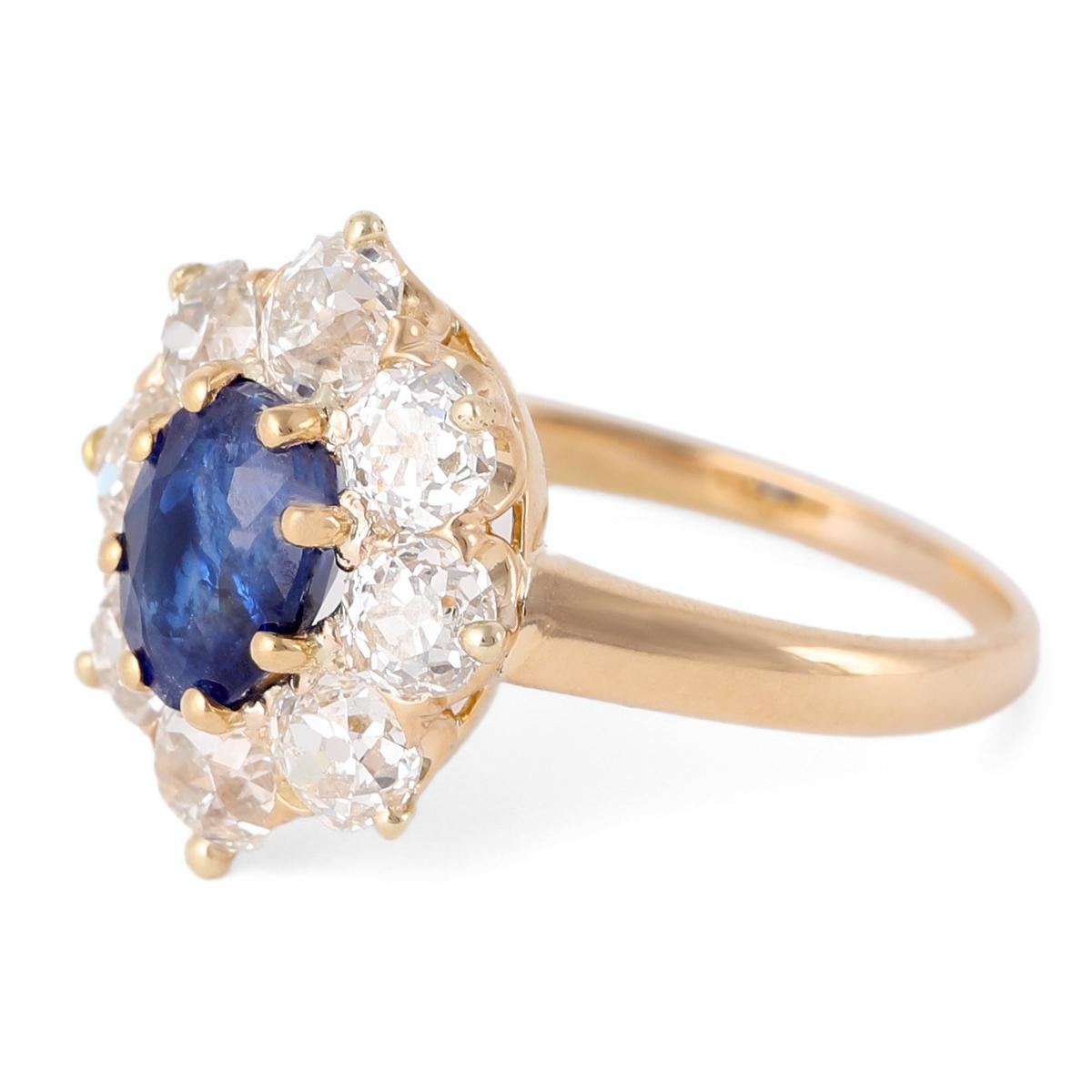 Edwardianischer GIA 1,41 Karat Kaschmir-Cluster-Ring mit unbehandeltem Saphir und Diamant 18k Gold für Damen oder Herren