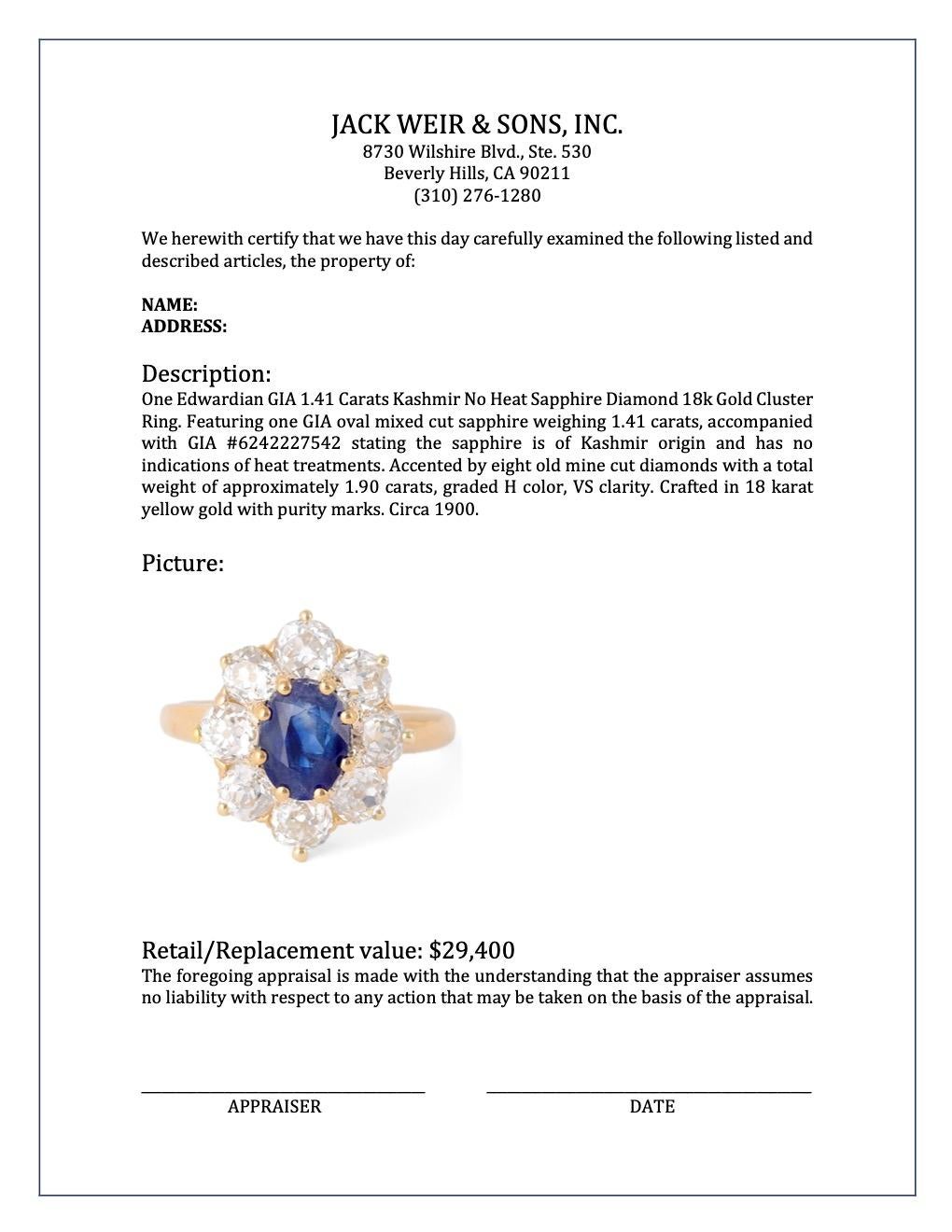 Edwardianischer GIA 1,41 Karat Kaschmir-Cluster-Ring mit unbehandeltem Saphir und Diamant 18k Gold 3