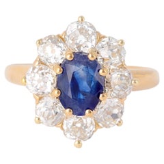 Edwardianischer GIA 1,41 Karat Kaschmir-Cluster-Ring mit unbehandeltem Saphir und Diamant 18k Gold