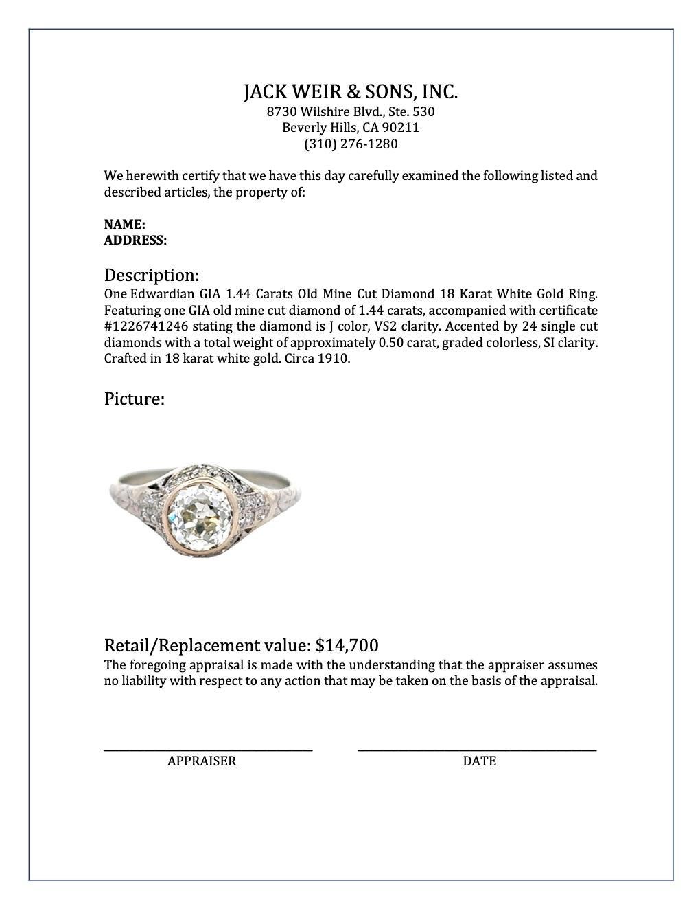 Edwardian GIA 1.44 Carats Old Mine Cut Diamond 18 Karat White Gold Ring 4