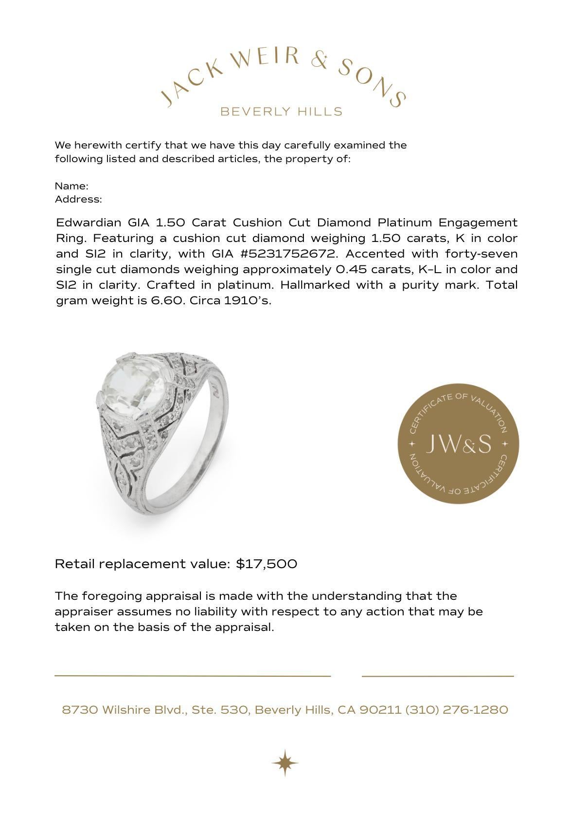 Bague de fiançailles en platine avec diamant taille coussin de 1,50 carat GIA de style édouardien en vente 2