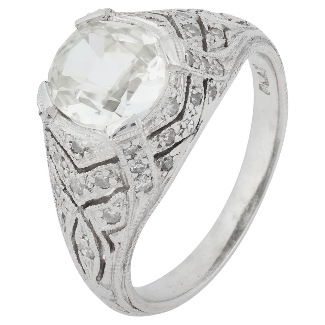 Anello di fidanzamento in platino GIA edoardiano con diamante taglio cuscino da 1,50 carati