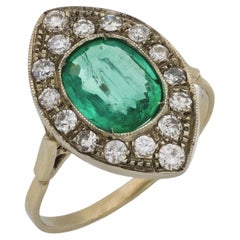 Edwardian GIA 1.50 carat emerald diamond 18k white gold navette ring
