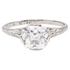 Edwardian GIA 1.50 Carat Old Mine Cut Diamond Platinum Filigree Ring
