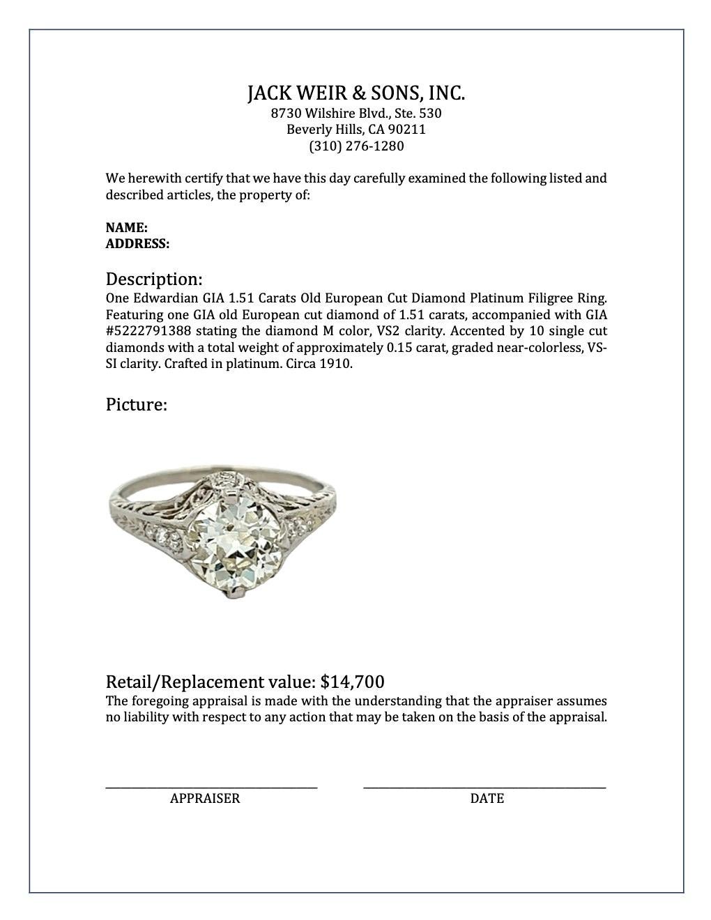 Edwardian GIA 1.51 Carats Old European Cut Diamond Platinum Filigree Ring 4