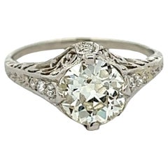 Edwardian GIA 1.51 Carats Old European Cut Diamond Platinum Filigree Ring