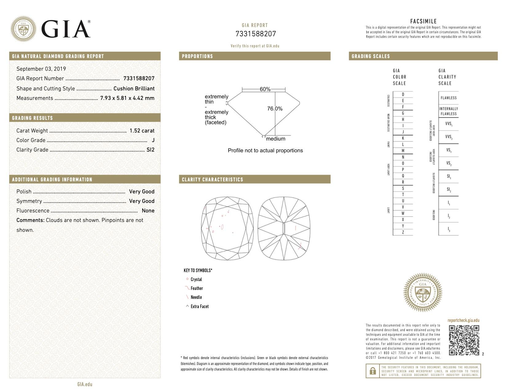 GIA 1.52 Antiker Diamant im Kissenschliff 18 Karat Weißgold Ring 1