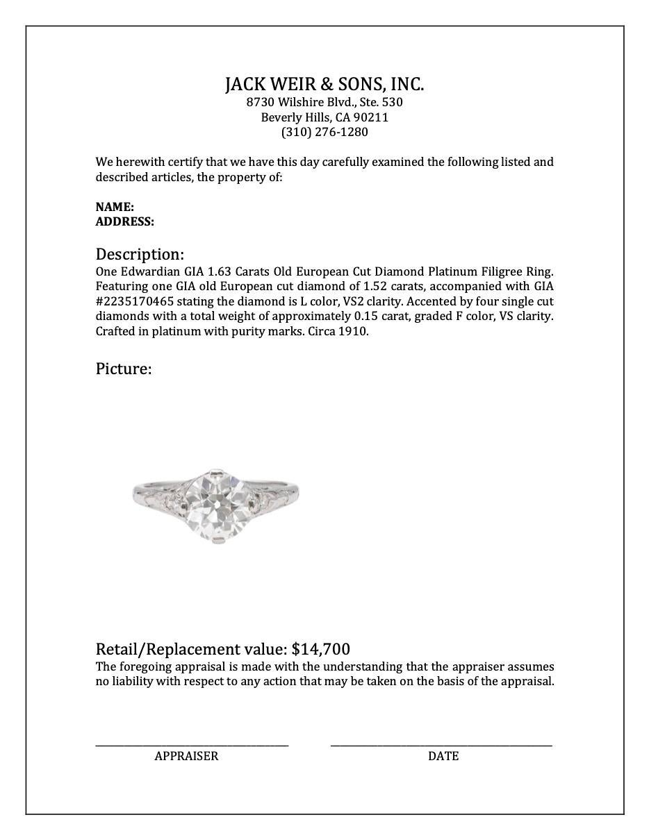 Edwardian GIA 1.63 Carats Old European Cut Diamond Platinum Filigree Ring 3