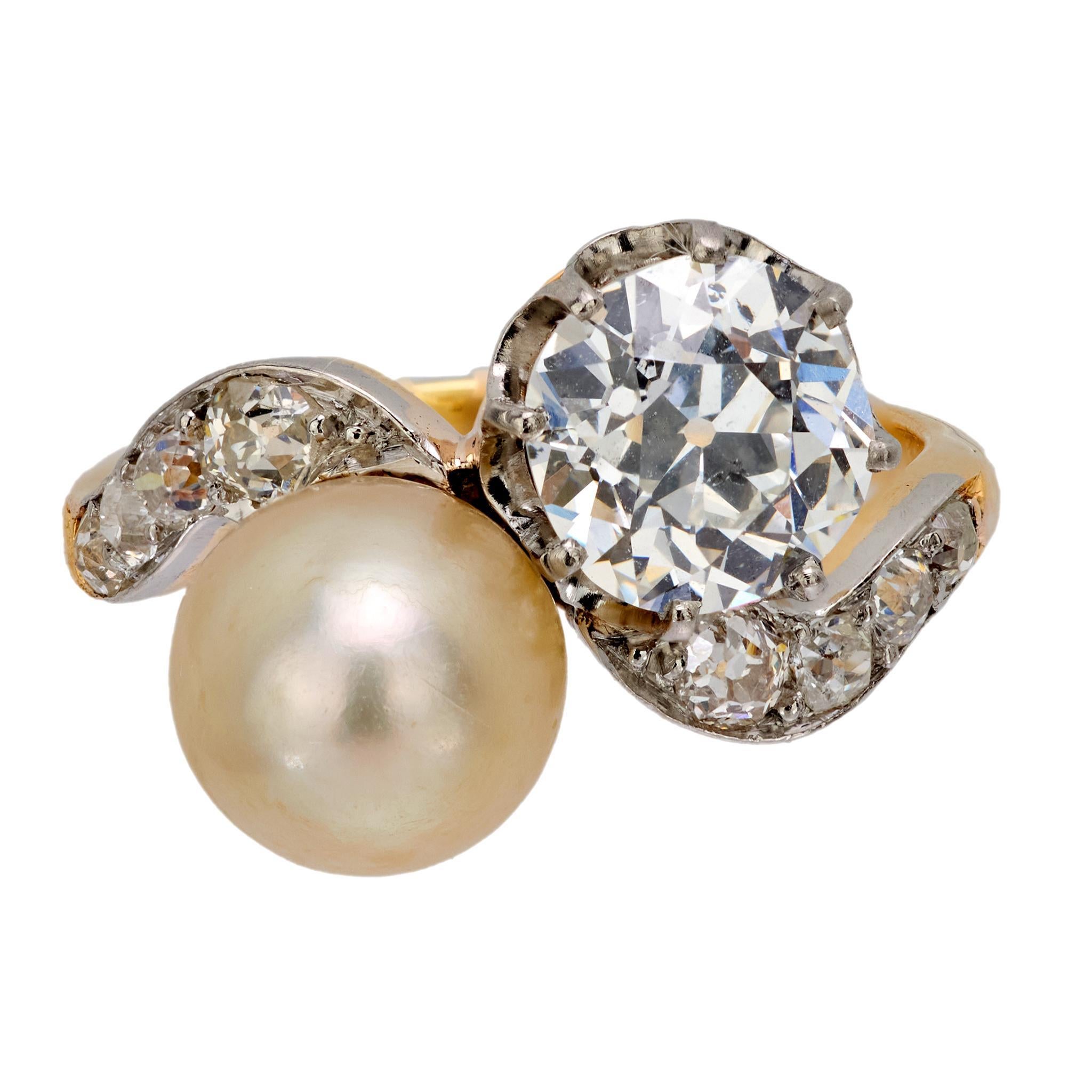Old European Cut Edwardian GIA 1.65 carat diamond natural pearl 18k yellow gold toi et moi ring For Sale