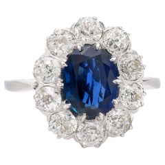 Edwardian GIA 1.67 carat Burma no heat sapphire diamond platinum cluster ring