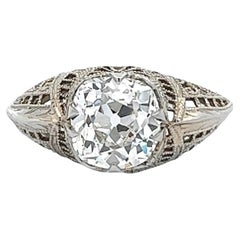 Edwardian GIA 1.85 Carats Old Mine Cut Diamond White Gold Filigree Ring