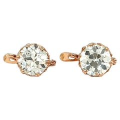 Antique Edwardian GIA 2.07 2.01 Carat OEC Diamonds 18K Rose Gold Buttercup Drop Earrings