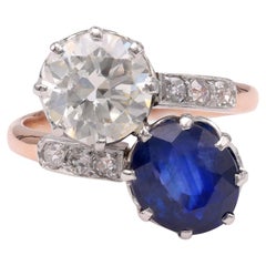 Edwardian GIA 2.07 Carat Diamond & 2.89 Carat Sapphire Toi Et Moi Rose Gold Ring
