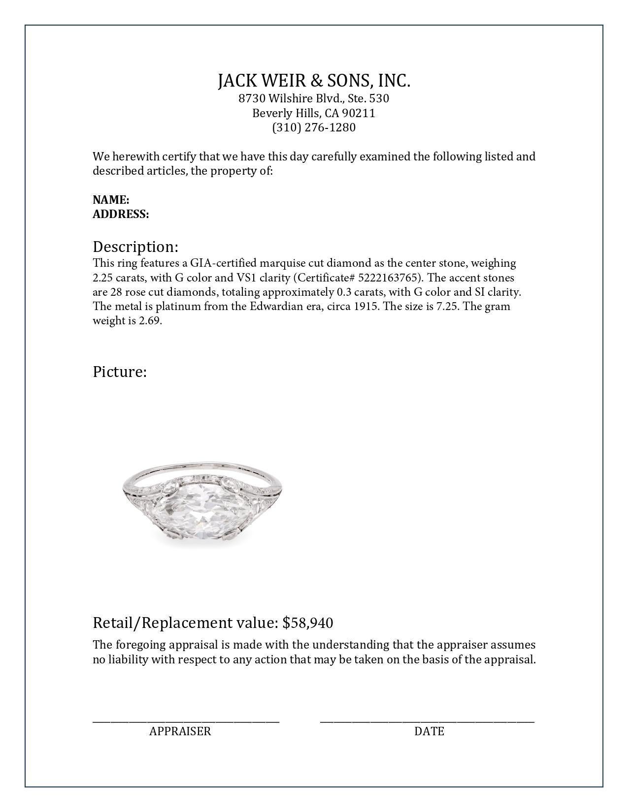Platin-Verlobungsring, Edwardianischer GIA 2,25 Karat Diamant im Marquise-Schliff im Zustand „Hervorragend“ in Beverly Hills, CA