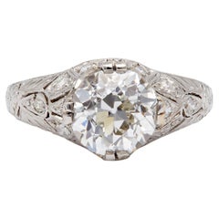 Edwardian GIA 2.27 Carat Old European Cut Diamond Platinum Filigree Ring