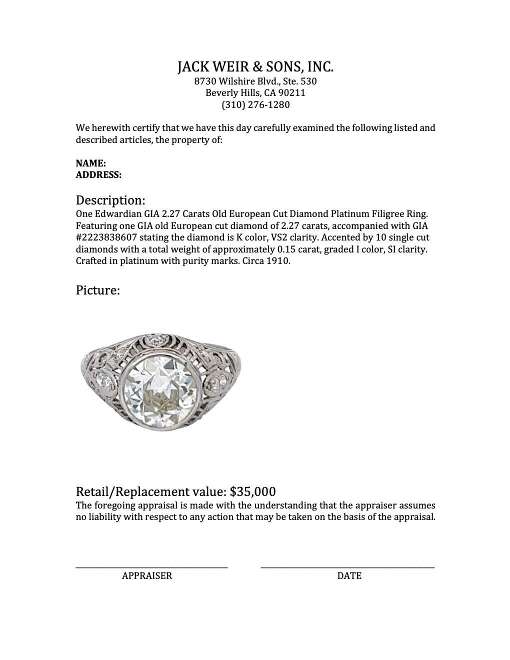 Edwardian GIA 2.27 Carats Old European Cut Diamond Platinum Filigree Ring 4