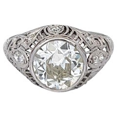 Edwardian GIA 2.27 Carats Old European Cut Diamond Platinum Filigree Ring